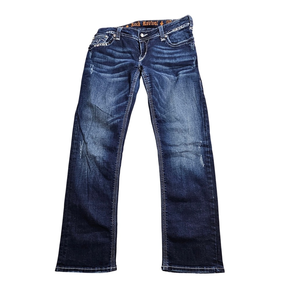 Rock Revival Erin Easy Skinny Jeans Womens 33 Dark Blue Embroidered E8354E57R